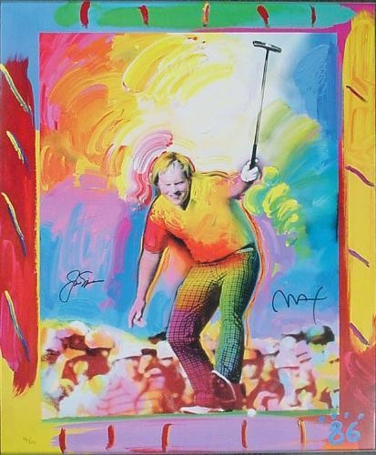 86 AT AUGUSTA Peter Max Jack Nicklaus Signed Golf Art: The moment is legend. The Golden Bear, dissed by the odds makers and counted out completely by the press, roared on the back nine like the Bear of old to win his sixth Masters green jacket by one stro