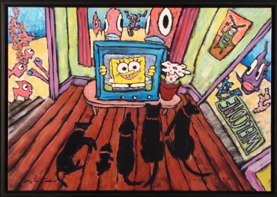 SpongeBob Art Giclee on Canvas TOONING IN + OUT Truth: This limited edition Giclée Print on canvas captures the artist Douglass Truth's imaginative painting of everyone's favorite sea sponge, SpongeBob SquarePants. In this print SpongeBob smiles out 