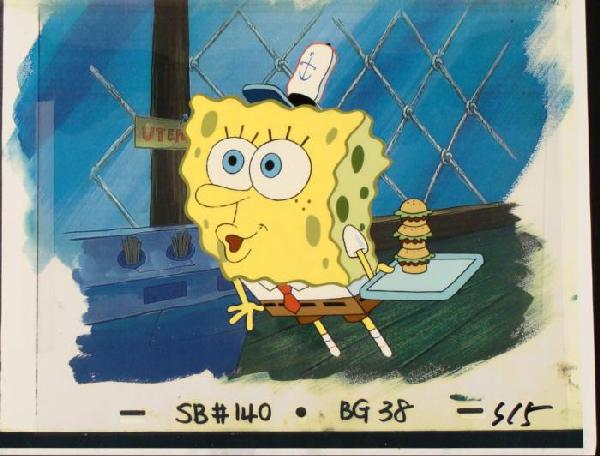 Interested Original Cel Animation Background SpongeBob: This animation cel and reproduction background are from the Nickelodeon TV show SpongeBob Squarepants. The story takes place under the deep blue sea in Bikini Bottom, where Sponge