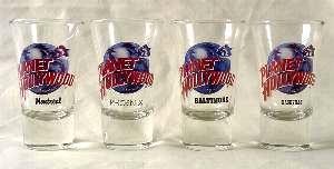 4 Dif Planet Hollywood Shot Glass Nashville Montreal: This is a lot of 4 RARE shot glasses from Planet Hollywood. All are from closed locations! They are in mint, never used condition. Each 3 1/2" tall flared glass features the blue globe and red lettere