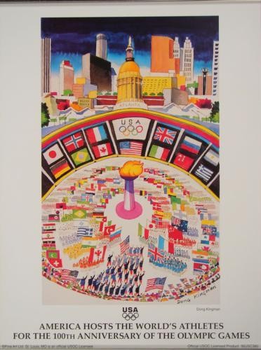 1996 Olympics AMERICA HOSTS THE ATHLETES Kingman Poster: This exciting poster by famous artist Dong Kingman was created for the Olympic Games in Atlanta in 1996: Title: "America Hosts the Athletes" 18 × 24 Excellent condition Dong Kingman (American, 19