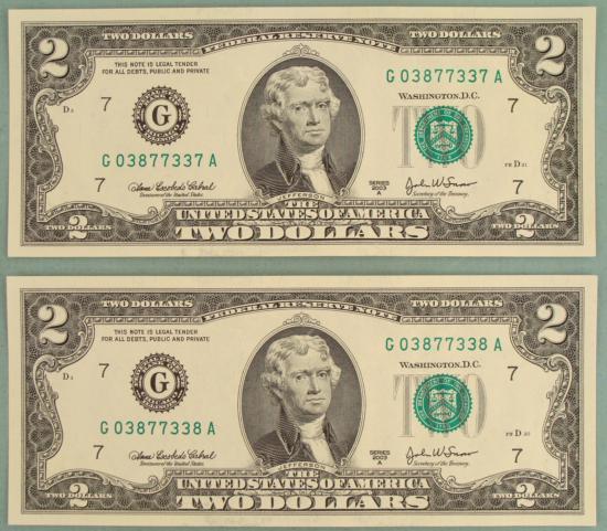 2 Consec # 2003 A $2 Bills Chicago G Mint Notes CU: (2) 2003-A $2 bills Serial Numbers: Consecutive (may be different from the one pictured) Mint mark: G (Chicago) Grade: Crisp Uncirculated