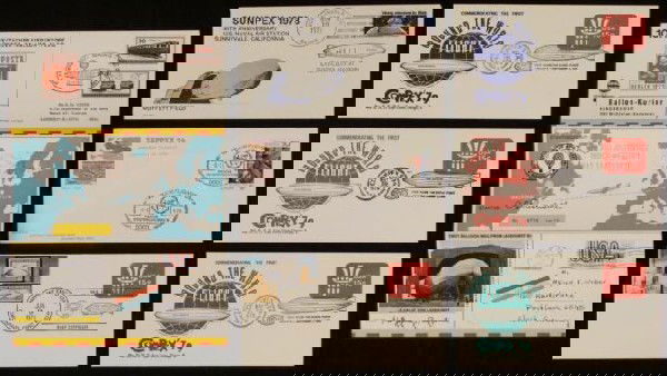 7 Vintage Airship Zeppelin Commem Envelopes Graf, Navy: Here are 7 commemorative envelopes from the Graf Zeppelin, celebrating the first round the world flight, and first balloon mail. These are from the late 1970's, with postmarks, and writing on one. All