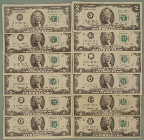 12 Diff (All) Mint Mark 1976 $2 Bills Notes A-L: (12) 1976 $2 bills, from all the different mint marks Mint marks: A, B, C, D, E, F, G, H, I, J, K, L Condition: Better than average circulation