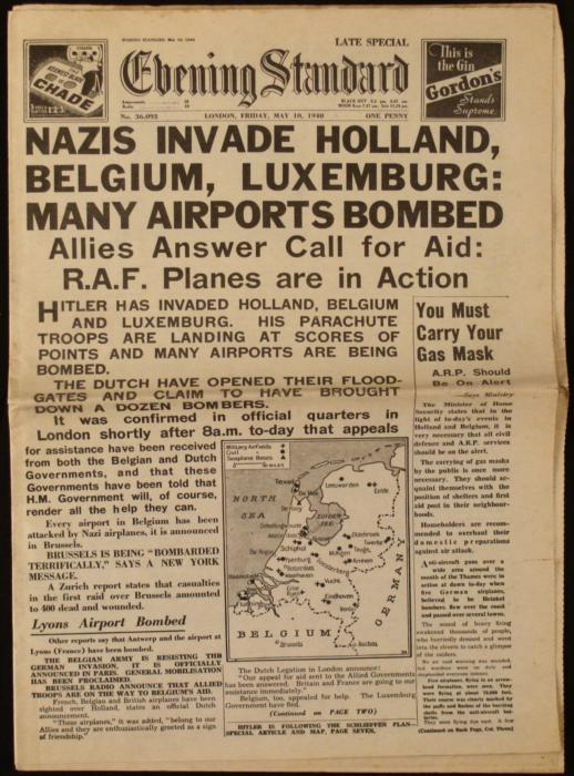 Nazis Invade Evening Standard UK Newspaper WWII 1940: This is an original May 10th, 1940 issue of Evening Standard newspaper from Great Britain. The Nazis made the headlines here, as they invade three adjacent countries. This paper has accounts of war an