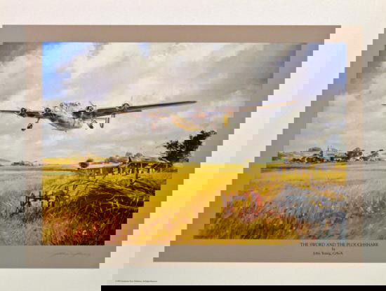 Aviation Art The Sword & The Ploughshare Young B-24: Another Liberator roars off the end of the runway and out over the peaceful English countryside. A mission to Regensburg? A local training flight? John Young hasn't told us which, but he masterfully d