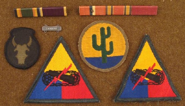 7 WWII US RIBBON BARS PATCHES & CARBINE MARKSMAN BAR: SEVEN WWII US COLLECTION-RIBBON BARS PATCHES & CARBINE MARKSMAN BAR. ALL ORIGINAL.