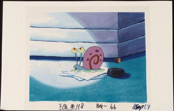Angry Gary Original SpongeBob Animation Background Cel: This reproduction background and animation cel is from the Nickelodeon TV show SpongeBob Squarepants. The story takes place under the deep blue sea in Bikini Bottom, where Sp