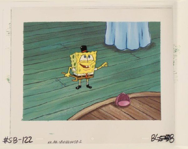 Performing SpongeBob Background Cel Original Animation: This original hand-painted background and animation cel are from the Nickelodeon TV show SpongeBob Squarepants. The story takes place under the deep blue sea in Bikini B