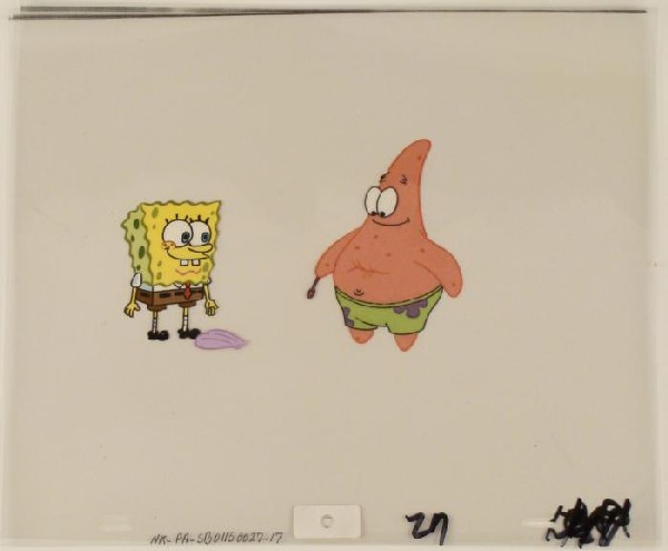 SpongeBob Production Art Cel Original Clam Patrick: This original animation cel is from the Nickelodeon TV show SpongeBob Squarepants. The story takes place under the deep blue sea in Bikini Bottom, where SpongeBob resides. Sp