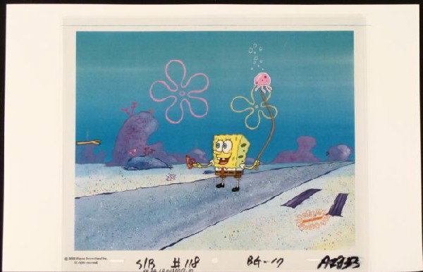 Leash SpongeBob Original Art Cel Background Production: This animation cel and reproduction background are from the Nickelodeon TV show SpongeBob Squarepants. The story takes place under the deep blue sea in Bikini Bottom, where Sponge