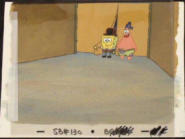 SpongeBob Background Cel Animation Stepping In Original: This original hand-painted background and animation cel is from the Nickelodeon TV show SpongeBob Squarepants. The story takes place under the deep blue sea in Bikini Bo