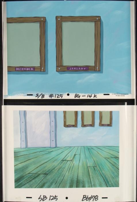 2 SpongeBob Employee...Month Orig Animation Backgrounds: These are 2 original hand-painted backgrounds from the Nickelodeon television show SpongeBob Squarepants. The story takes place under the deep blue sea in Bikini Bottom, wher