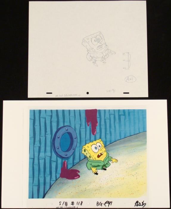 SpongeBob Stun Orig Drawing Cel Animation Background: This animation cel and reproduction background and drawing are from the Nickelodeon TV show SpongeBob Squarepants. The story takes place under the deep blue sea in Bikini Bot