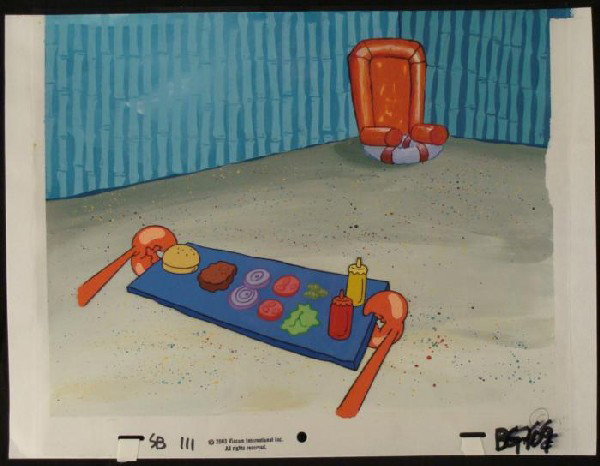Krabs Original Background Cel Patty SpongeBob Animation: This original hand-painted background and animation cel are from the Nickelodeon TV show SpongeBob Squarepants. The story takes place under the deep blue sea in Bikini B