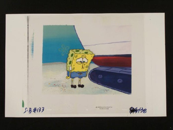 SpongeBob Background Cel Sad Production Art Original: This original hand-painted background and animation cel is from the Nickelodeon TV show SpongeBob Squarepants. The story takes place under the deep blue sea in Bikini Bo