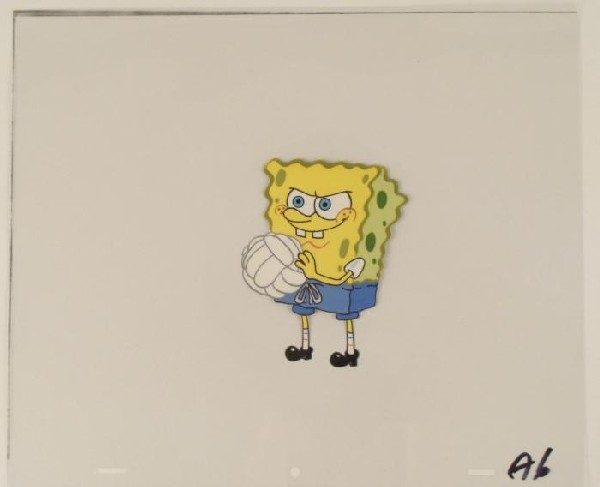 Volleyball SpongeBob Original Cel Production Art Happy: This original animation cel is from the Nickelodeon TV show SpongeBob Squarepants. The story takes place under the deep blue sea in Bikini Bottom, where SpongeBob resides. Sp