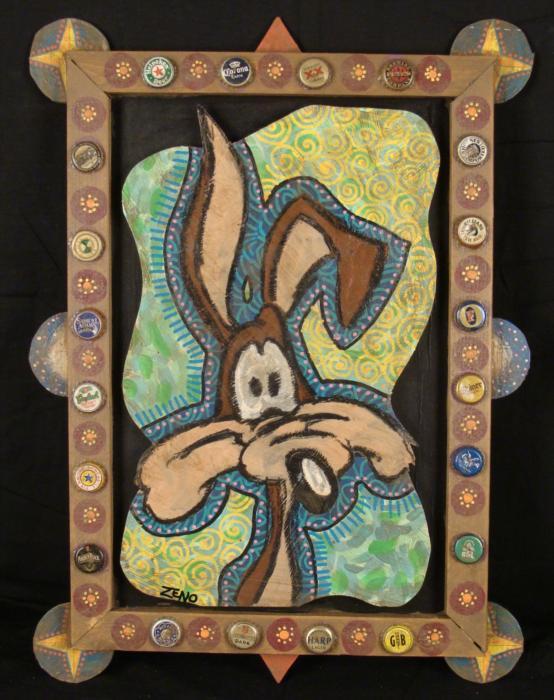 Bob Zeno Wile E Coyote Original Painting-Folk Art Frame: This painting of the famous Wile E Coyote in a custom frame was all created by artist Bob Zeno.The famous WB coyote looks typically perplexed here, his mood enhanced by the yellow swirls on the green