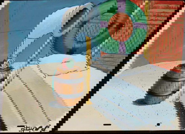 Production Art Tube Clock Original Background Spongebob: This original hand-painted background from the Nickelodeon TV show SpongeBob Squarepants. The story takes place under the deep blue sea in Bikini Bottom, where SpongeBob resi