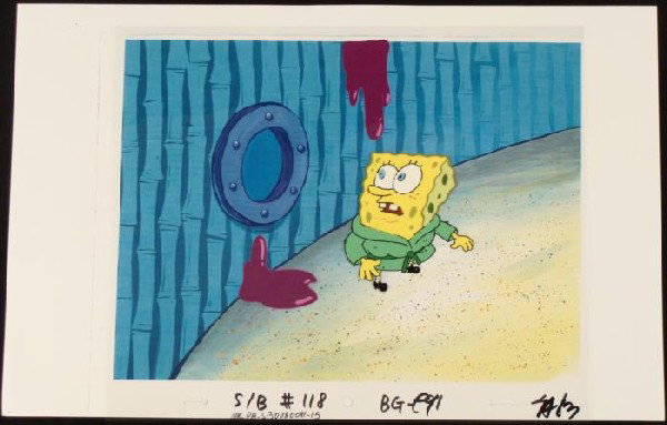 Disgust Original SpongeBob Cel Production Background: This animation cel and reproduction background are from the Nickelodeon TV show SpongeBob Squarepants. The story takes place under the deep blue sea in Bikini Bottom, where Sponge
