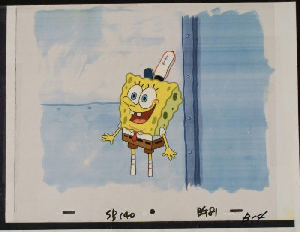 SpongeBob Production Excited Original Cel Background: This animtion cel and reproduction background are from the Nickelodeon TV show SpongeBob Squarepants. The story takes place under the deep blue sea in Bikini Bottom, where SpongeB