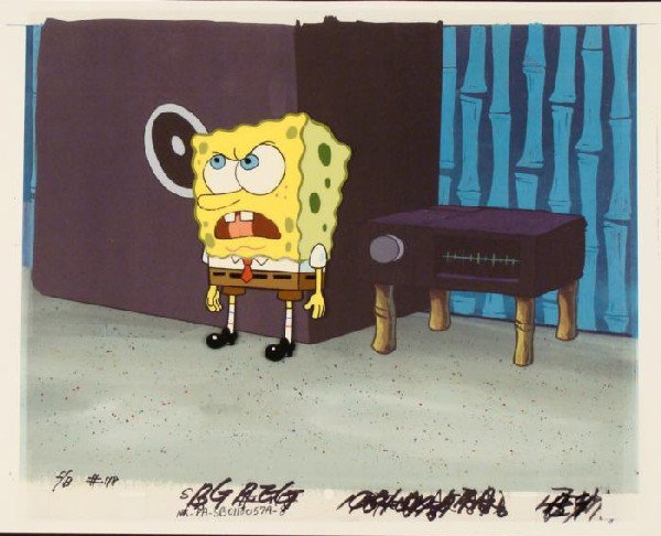 Background SpongeBob Cel Original Look Production Art: . This animation cel and reproduction background are from the Nickelodeon TV show SpongeBob Squarepants. The story takes place under the deep blue sea in Bikini Bottom, where Spon