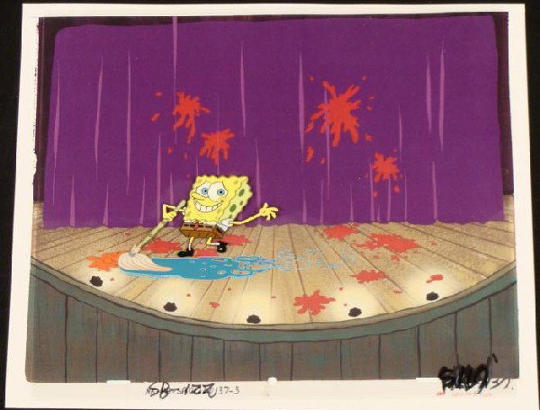 Cel Animation Mop Clean SpongeBob Background Original: This animation cel and reproduction background are from the Nickelodeon TV show SpongeBob Squarepants. The story takes place under the deep blue sea in Bikini Bottom, where Sponge
