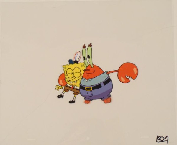 Mr Krabs Hugging SpongeBob Original Animation Cel Art: This original animation cel is from the Nickelodeon TV show SpongeBob Squarepants. The story takes place under the deep blue sea in Bikini Bottom, where SpongeBob resides. Sp