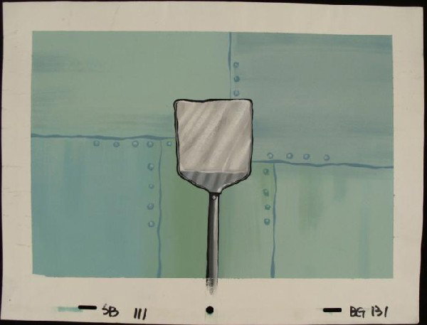 Original Spatula Background Production Art SpongeBob: This original hand-painted background from the Nickelodeon TV show SpongeBob Squarepants. The story takes place under the deep blue sea in Bikini Bottom, where SpongeBob resi