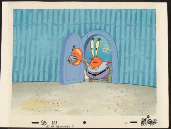 Background Animation Cel Original SpongeBob Mr K Door:  This original hand-painted background and animation cel are from the Nickelodeon TV show SpongeBob Squarepants. The story takes place unde