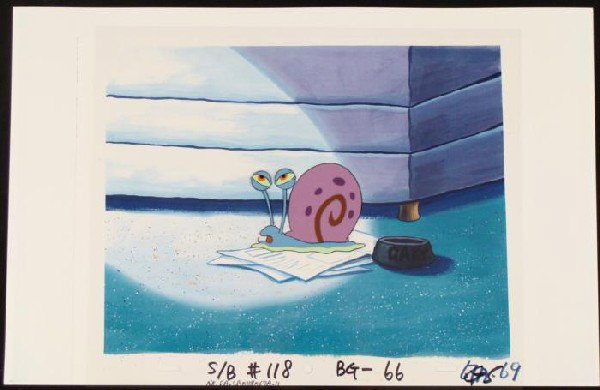 Production Background Spongebob Cel Gary Bed Original: This reproduction background and animation cel is from the Nickelodeon TV show SpongeBob Squarepants. The story takes place under the deep blue sea in Bikini Bottom, where Sp