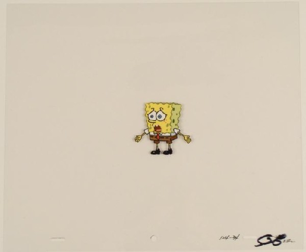 Original Cel Production SpongeBob Arms Out Confused Art: This original animation cel is from the Nickelodeon TV show SpongeBob Squarepants. The story takes place under the deep blue sea in Bikini Bottom, where SpongeBob resides. Sp