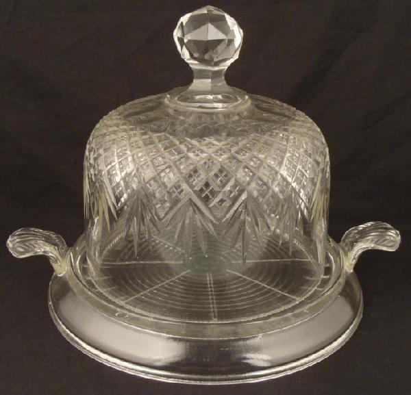 Vintage Cut Glass Crystal Cake Dessert Plate Cover: This is a crystal dessert cover and Fire King plate. Their condition is excellent, with on tiny chip on the bottom edge of the cover which is hardly noticeable. The cover has criss-cross and p