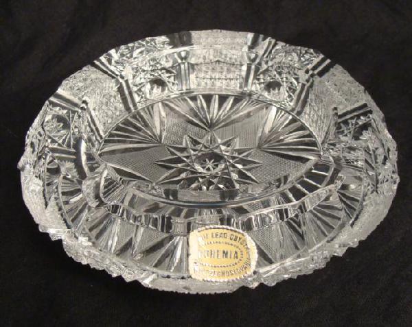 Bohemia Cut Glass Lead Crystal Vintage Ash Tray Dish: This ash tray is vintage hand cut lead crystal made in Czechoslovakia. The pattern is full of detail, with stars inside, scalloped edge around the rim, and cross hatch designs on the lower par