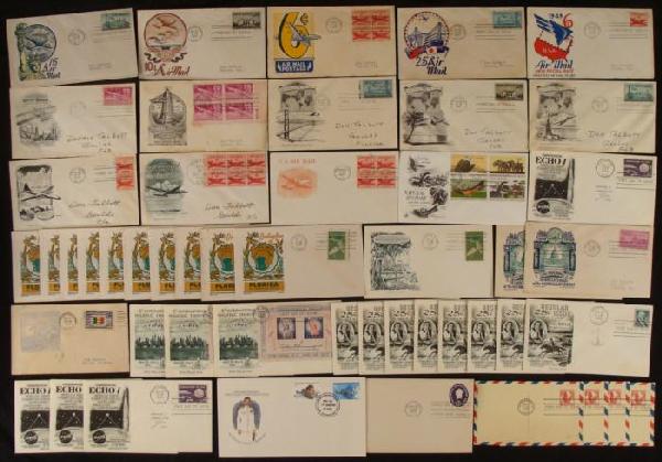 50 First Day Covers FDC Stamps Air Mail 1947-1980: This lot of 50 First Day Covers includes a variety of states, Kitty Hawk, Space Travel, nice Air Mail designs, and more. All have stamps and postmarks, with some nice cachets, and several hav