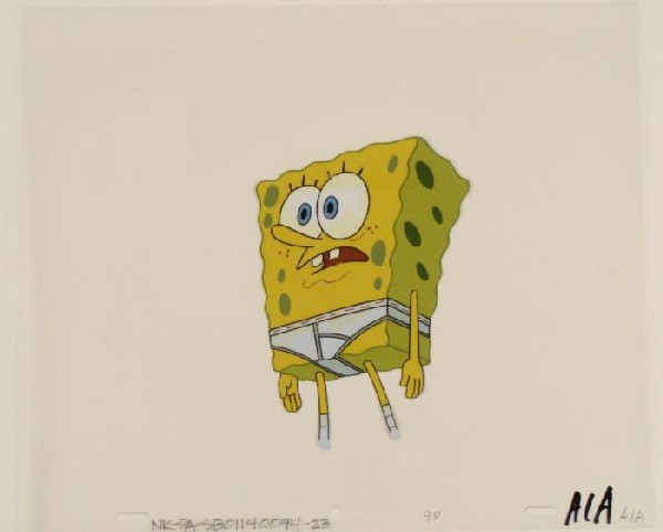 Cel Original SpongeBob In Underwear Production Art: This original animation cel is from the Nickelodeon TV show SpongeBob Squarepants. The story takes place under the deep blue sea in Bikini Bottom, where SpongeBob