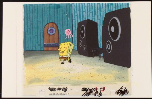 Hovering SpongeBob Original Animation Cel Background: This animation cel and reproduction background are from the Nickelodeon TV show SpongeBob Squarepants. The story takes place under the deep blue sea in Bikini Bottom, w