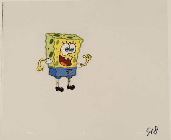SpongeBob Cel Original Animation Art Pointing At Self: This original animation cel is from the Nickelodeon TV show SpongeBob Squarepants. The story takes place under the deep blue sea in Bikini Bottom, where SpongeBob