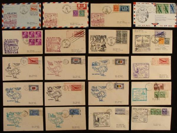 20 First Flight Air Mail Covers US FAM 18,24,33,73,82: These 20 original covers are from U.S. Air Mail first flights. Included are some from overseas: Damas, Syria (x3), Helsinki, Bermuda, Egypt, and Scotland. There are also some from the states