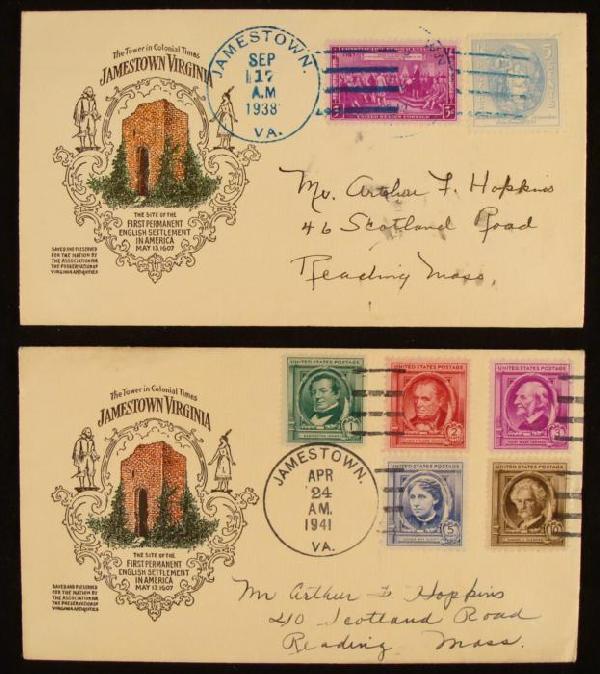 2 Historic Jamestown Settlement Covers 1938-41: These 2 covers are from the Historic Jamestown Settlement, featuring a nice cachet. They date from 1938 and 1941, with all different stamps. Each contains a copy of a speech by George C. Per
