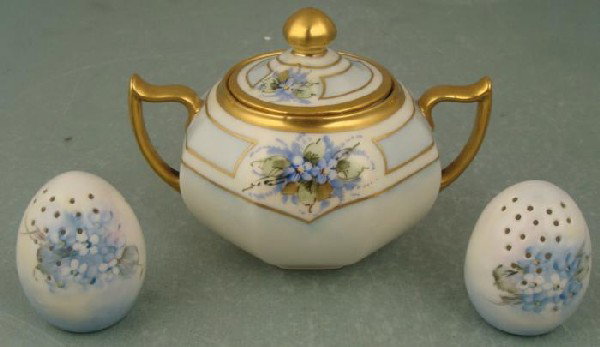 Z. S. & Co. Bavaria Sugar Bowl, Egg Salt & Pepper: Here are 3 pieces of vintage porcelain for your dining table, all with blue green pastel hues and pretty flower patterns. All are in very good condition. The sugar bowl is Bavarian from Z.S. &