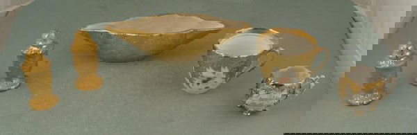 5 Vintage Gold Painted Porcelain Weeping Bright, Mugs: Here are five vintage porcelain pieces, all with gold painted details. One is a Weeping Bright Gold dish, with diamond scalloped shape, 10" wide. There is a mug with gold painted textured patt