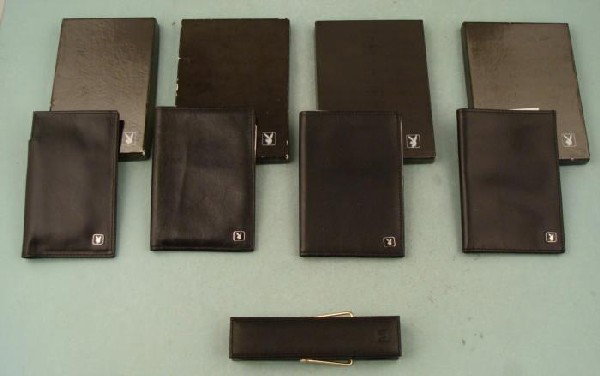 4 Vintage Playboy Club Wallets Billfolds, 1 Paperweight: Here are some vintage items from the original Playboy clubs. There are 4 different wallets and billfolds, all in excellent condition in the original boxes. They are black leather with Playbo