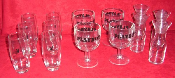 14 Pc Playboy Club Beer Glasses, Tumblers, Decanters: These 14 pieces of vintage Playboy barware are from the original Playboy clubs. They are all glass, with Playboy names and bunny logos in black. Included are 6 tumblers 5 3/4" tall, 4 b