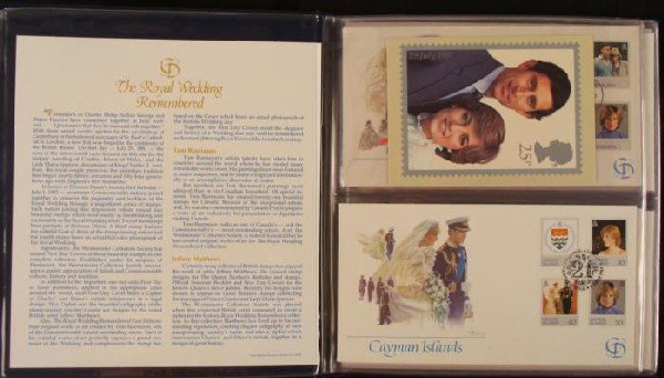 Royal Wedding First Day Cover Stamp Collection Album: This album, titled The Royal Wedding Remembered, is a collection of first day covers of Charles, Prince of Wales, and Lady Diana. It contains 17 envelopes with a series of cachets, plu
