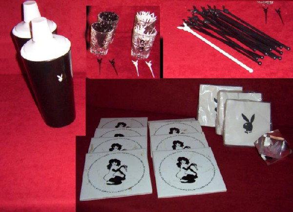 Playboy Club Shakers, Glasses, Tiles, Crystal, Swizzle: These vintage items are from the original famous Playboy Clubs, and all feature the famous bunny logo. Included are 2 plastic 7" cocktail shakers 4 shot glasses, 2 7/8"