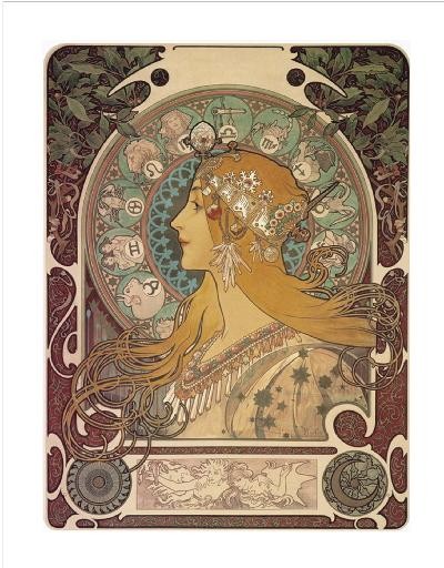 Mucha Zodiac (Restrike) Mixed Media: Reference #: ULAW2083 Artist Name: Mucha, Alphonse Maria Title: Zodiac (Restrike) Medium: Mixed Media Edition Size: open Year: Unknown Paper Size: 30 x 22 inches Image Size: 25 x 18 inches Condition: 