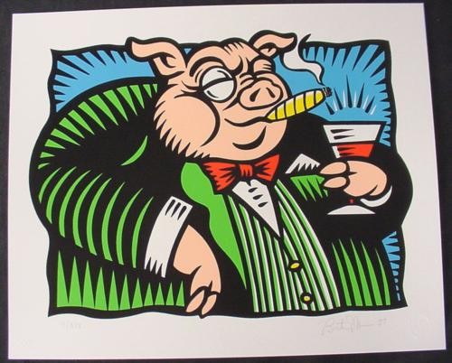 PIG Morris HERD ON Wall STREET Pop Art Stock Market: This fabulous image is from popular Pop artist Burton Morris' "HERD ON THE STREET PORTFOLIO" — "The Pig" 1997 Screenprint (serigraph) on paper Signed by the artist and numbered from an edition o