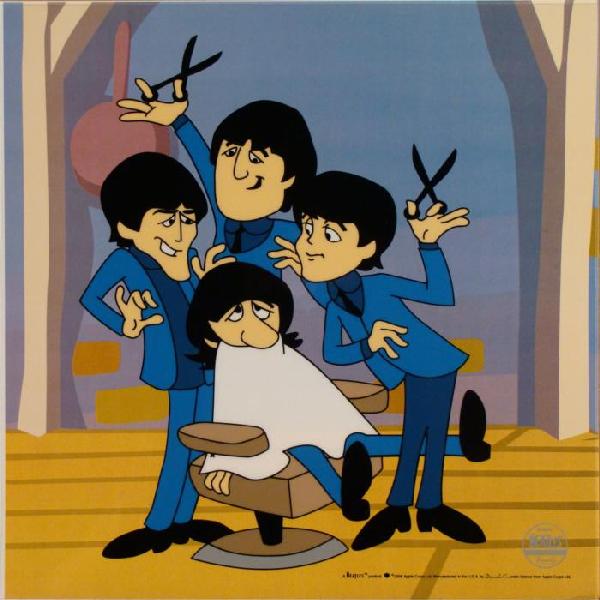 Beatles Cartoon Ltd Ed Sericel Animation Cel Barbershop: This animation sericel features John, Paul, George, and Ringo as inspired by their Saturday morning cartoon series The Beatles. This art cel is a re-creation of a publicity still originally done by Th