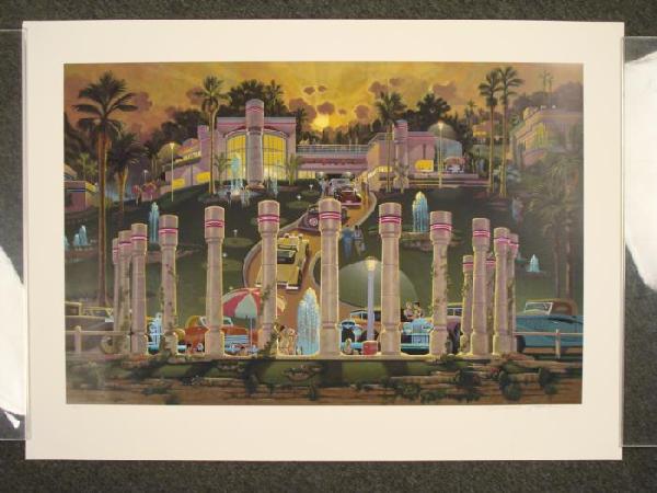 Michael Young Sunset Splash Signed Ltd Art Print: It's only sunset, and already a fabulous party is underway. This lively image lets you feel like you are approaching a grand Art Deco estate. Artist: Michael Young Title: "Sunset Splash" Signature: In